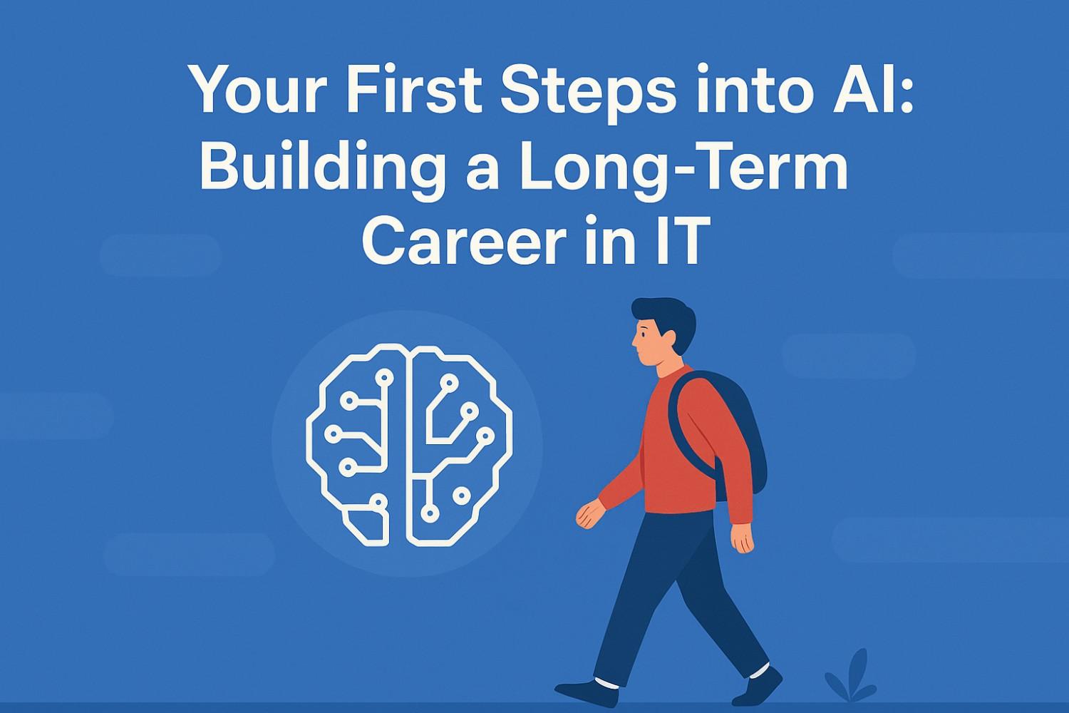 Illustration showing developers learning Artificial Intelligence with icons of coding, data, cloud, and AI tools.